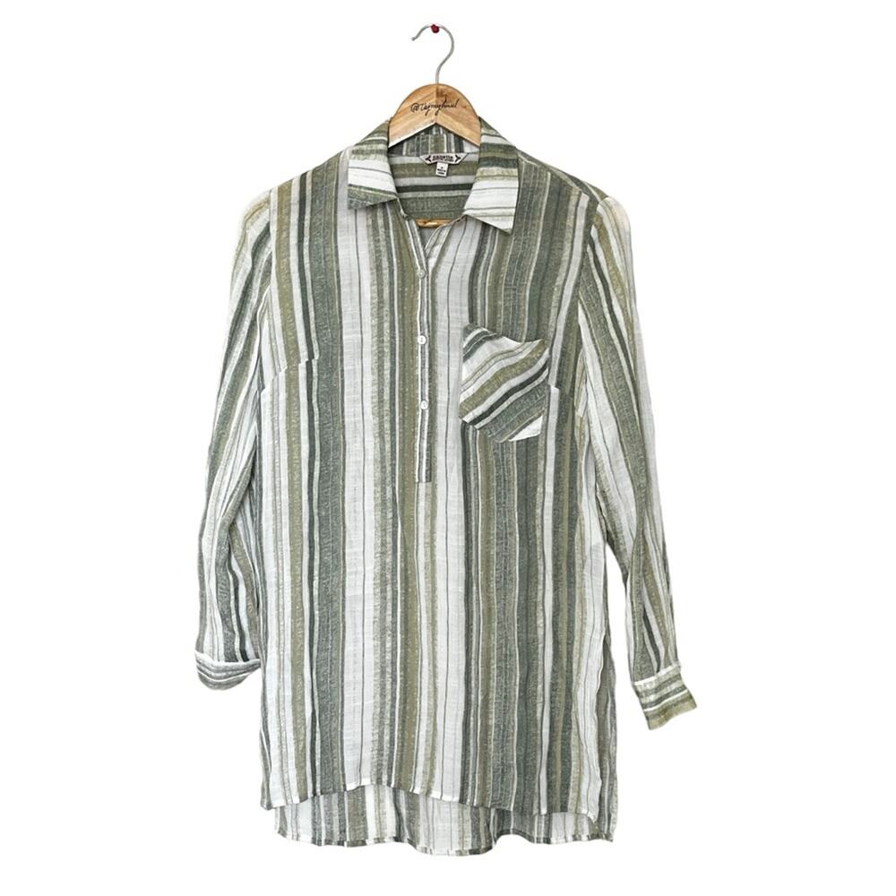 Nanette Lepore cream green stripe semi sheer blouse size small